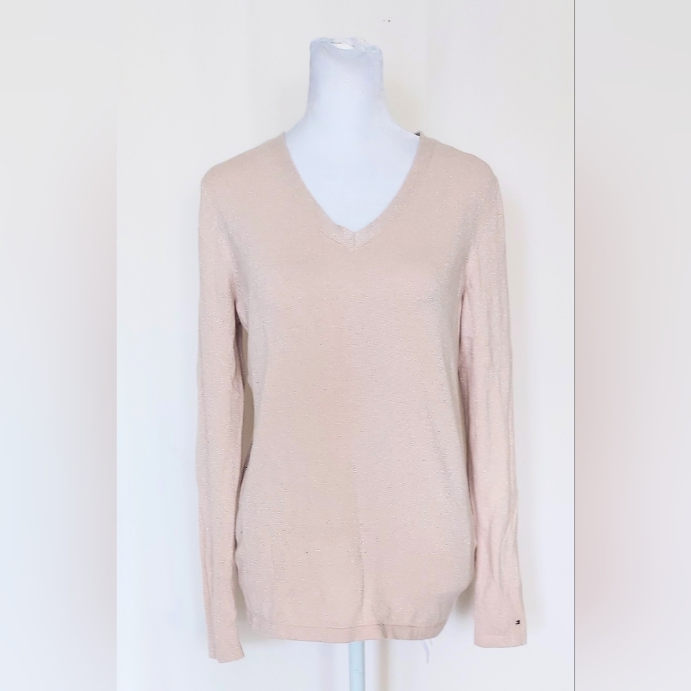 Tommy Hilfiger Long Sleeve V Neck Metallic Thread Sweater Pink Size Small